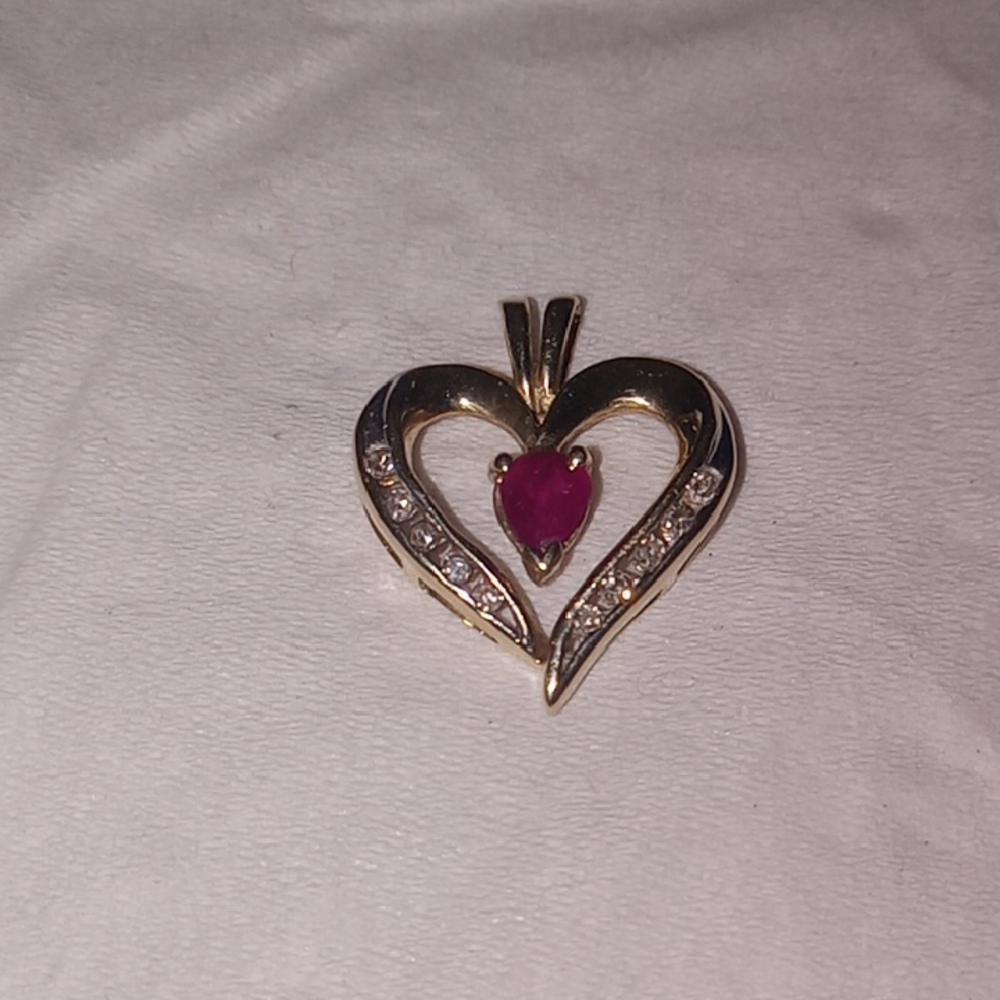 10k Gold Heart Pendant with Ruby Gemstone And Diamonds